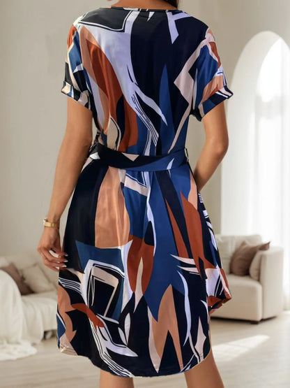 Abstract Print Belted Short Sleeve Midi Dress