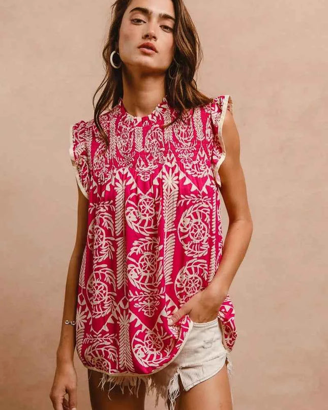 BiBi Printed Ruffle Sleeve Top