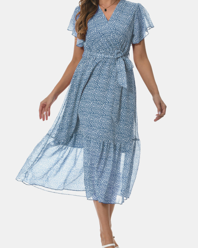 Surplice Neck Flutter Sleeve Tied Dress