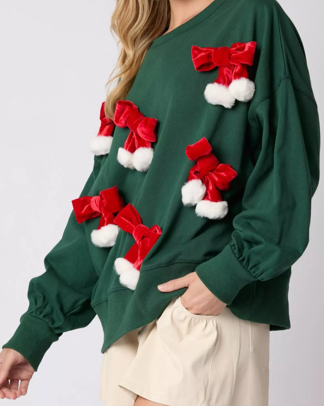 Christmas Long Sleeve Sweatshirt with Pom-Pom Bow Decoration