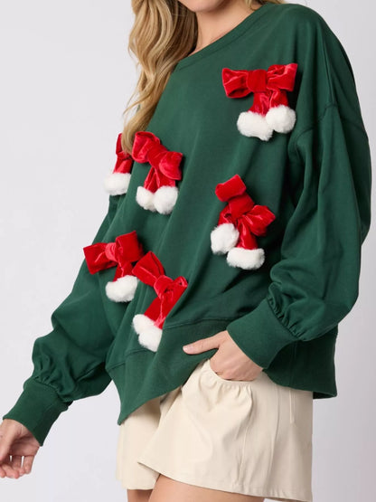 Christmas Long Sleeve Sweatshirt with Pom-Pom Bow Decoration