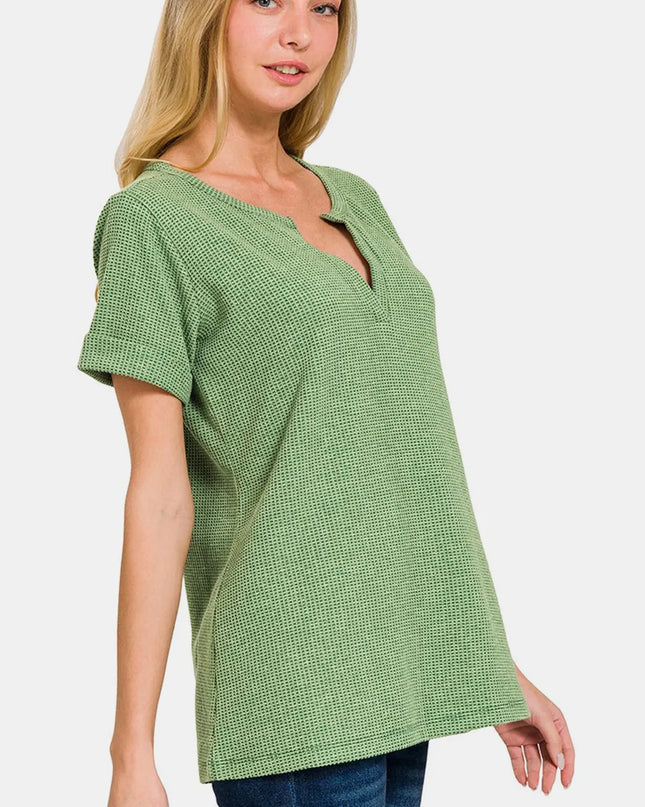 Zenana Waffle Notched Short Sleeve T-Shirt