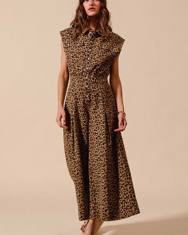 SO ME Wide Leg Leopard Twill Overalls Jumpsuit with Tuck