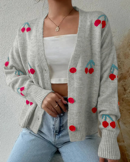 Cherry Button-Up Knit Cardigan Gray