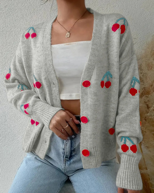 Cherry Button-Up Knit Cardigan Gray