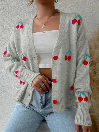 Cherry Button-Up Knit Cardigan Gray