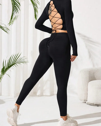Lace-Up Back Round Neck Top and Leggings Active Set 