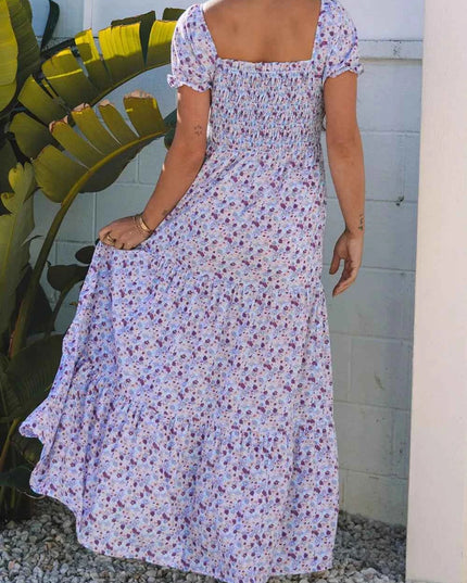 Tiered Floral Shirred High Waist Maxi Dress