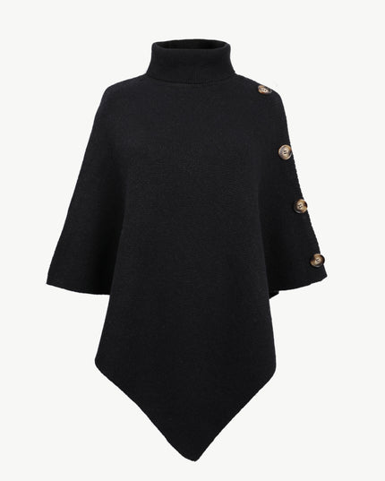 Turtleneck Buttoned Poncho Black One Size