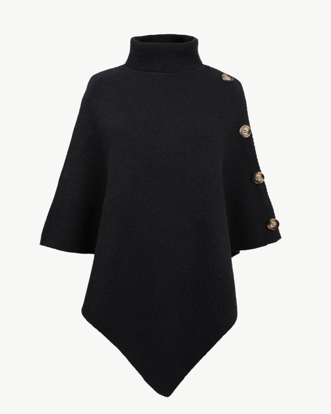 Turtleneck Buttoned Poncho Black One Size