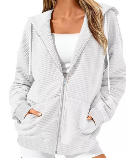 Drawstring Zip Up Dropped Shoulder Hoodie White