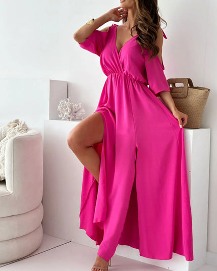 Tied Shoulder Slit Maxi Dress Hot Pink