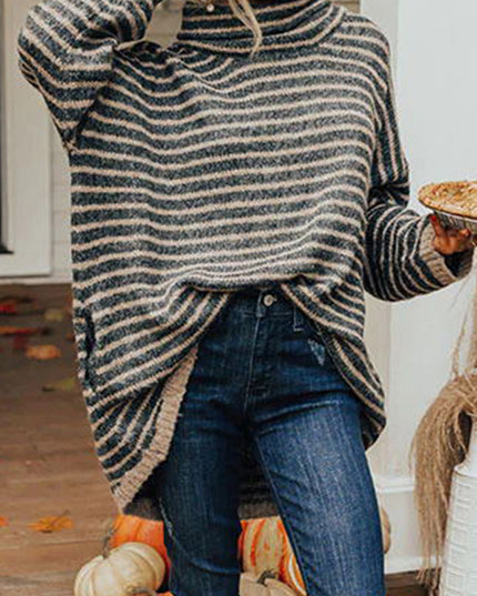 Striped Turtleneck Sweater with Pockets