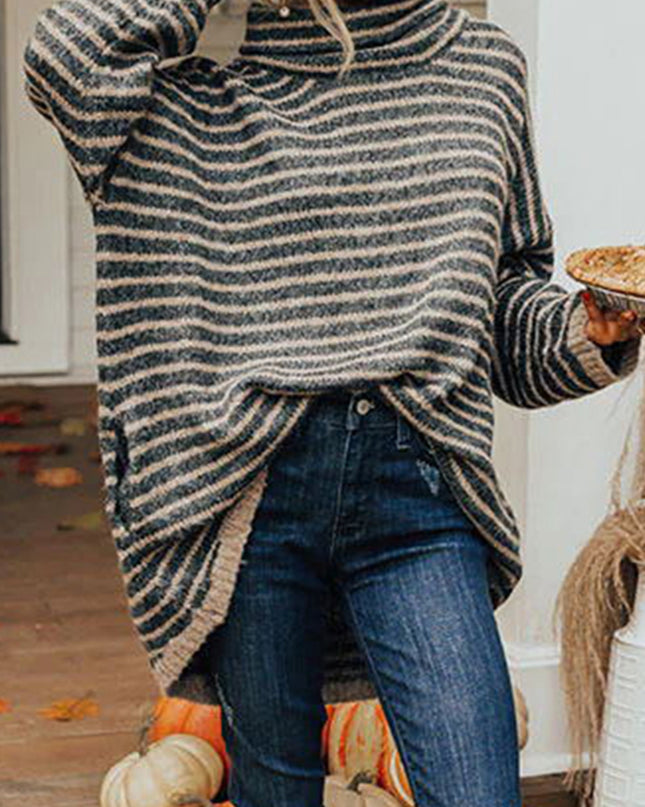 Striped Turtleneck Sweater with Pockets