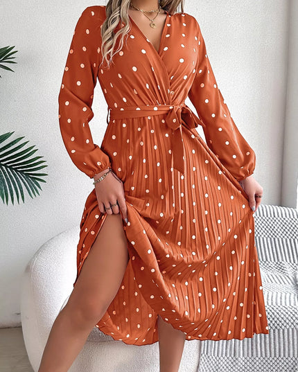 Front Tie Polka Dot Midi Pleated Dress