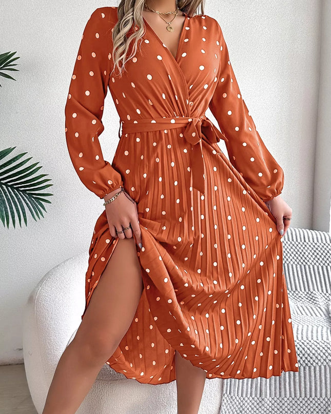 Front Tie Polka Dot Midi Pleated Dress