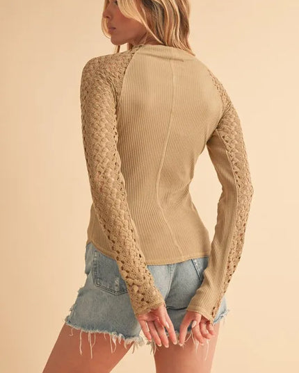 Aemi+Co Mock Neck Ribbed Knit Top with Crochet Sleeve