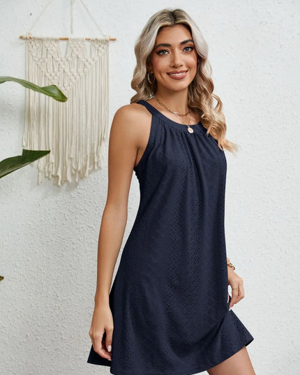 Eyelet Round Neck Sleeveless Dress 