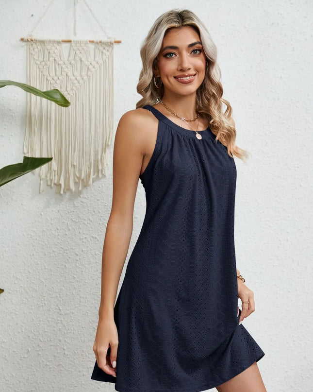 Eyelet Round Neck Sleeveless Dress 