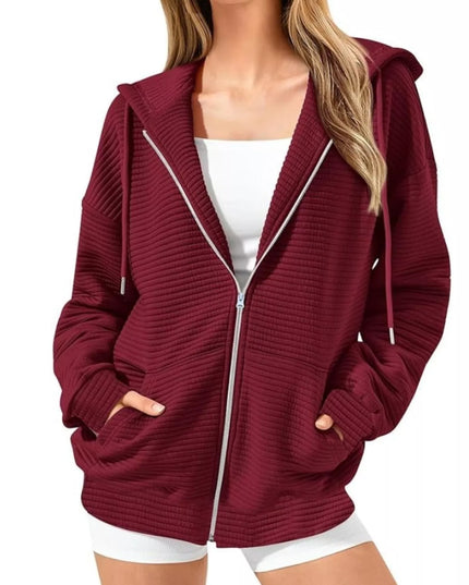 Drawstring Zip Up Dropped Shoulder Hoodie Wine Red