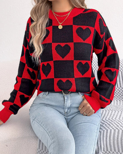 Heart Checkerboard Pattern Round Neck Sweater