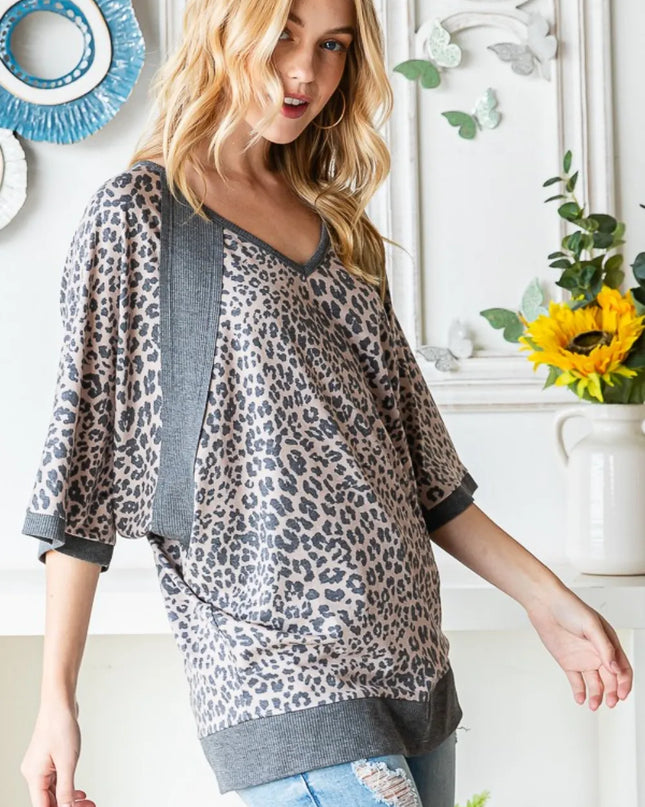 Heimish Full Size Leopard Contrast V-Neck Half Sleeve T-Shirt