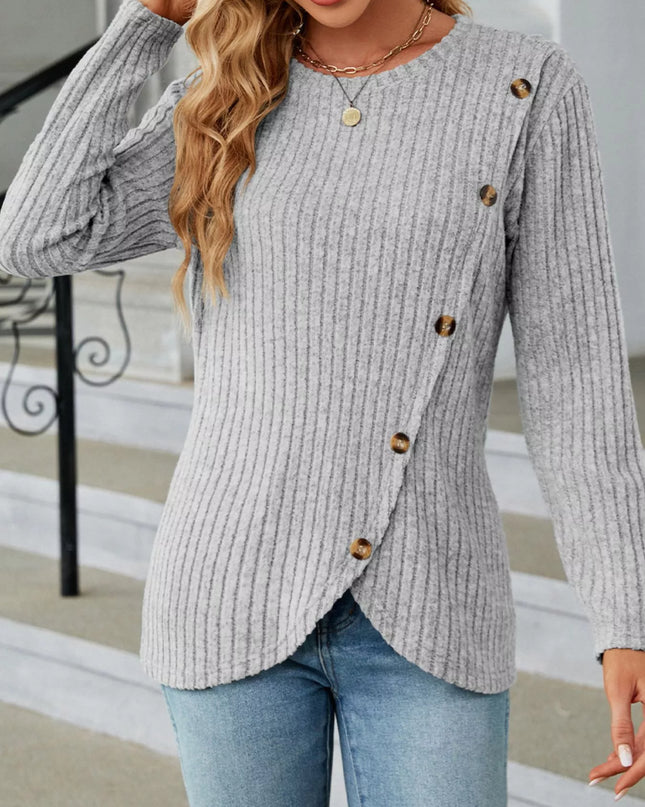 Ribbed Knit Decor Button T-Shirt