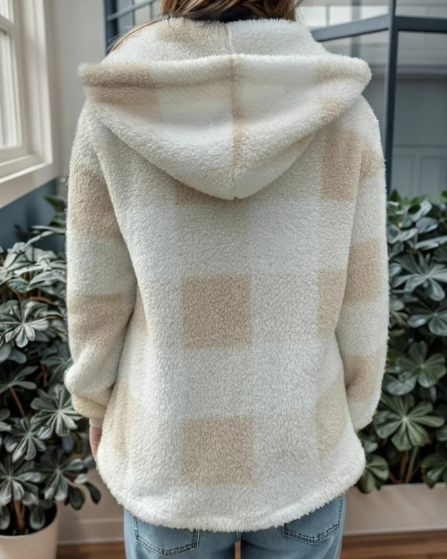 Double Take Full Size Plaid Long Sleeve Hooded Coat