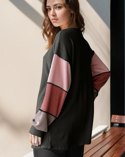Double Take Full Size Color Block Round Neck Long Sleeve T-Shirt