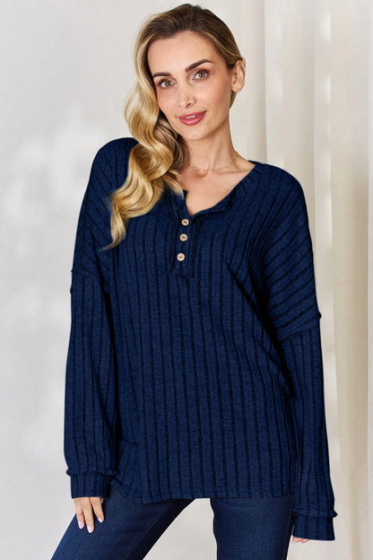 Basic Bae Full Size Ribbed Half Button Long Sleeve T-Shirt Dark Blue