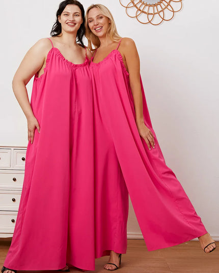 Double Take Full Size Ruffle Trim Tie Back Cami Jumpsuit with Pockets