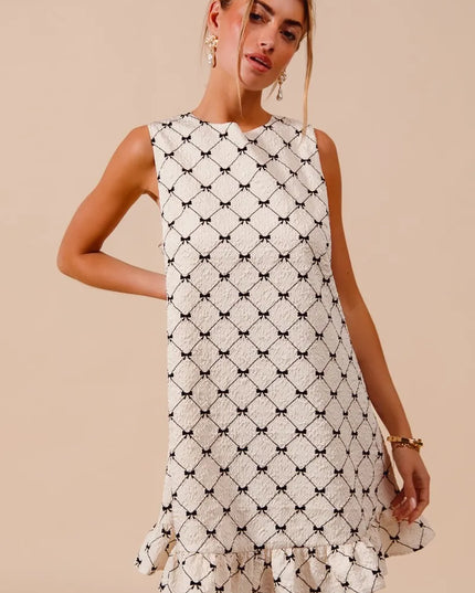 SO ME Texture Bow Printed Mini Ruffle Dress