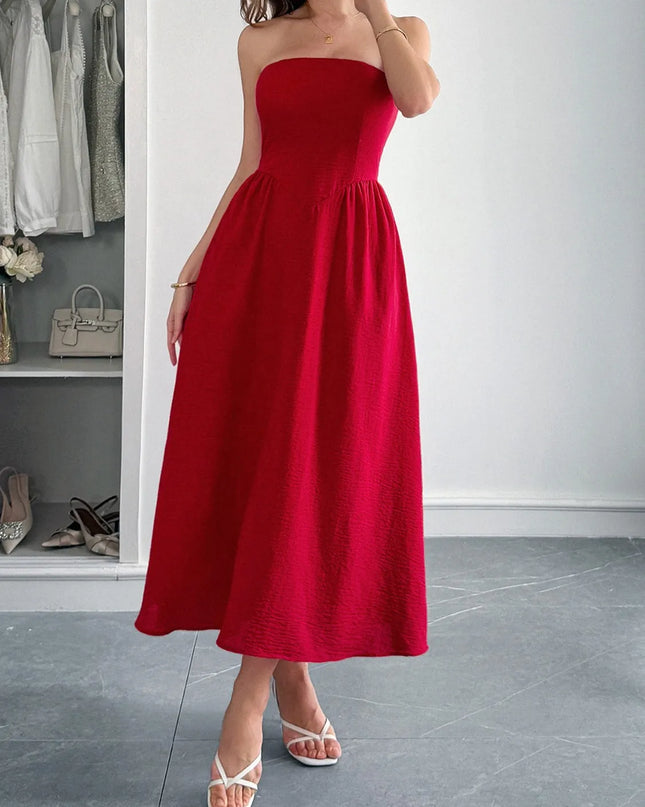 Strapless A-Line Midi Dress with Pockets 