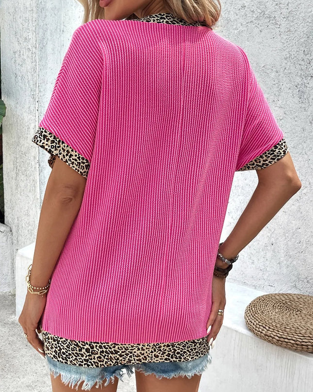 V-Neck Leopard Trim Ribbed Blouse