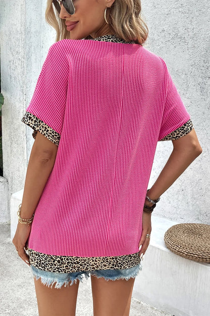 V-Neck Leopard Trim Ribbed Blouse
