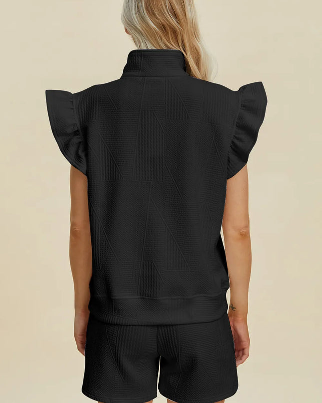 Double Take Full Size Texture Flounce Sleeve Top and Shorts Set