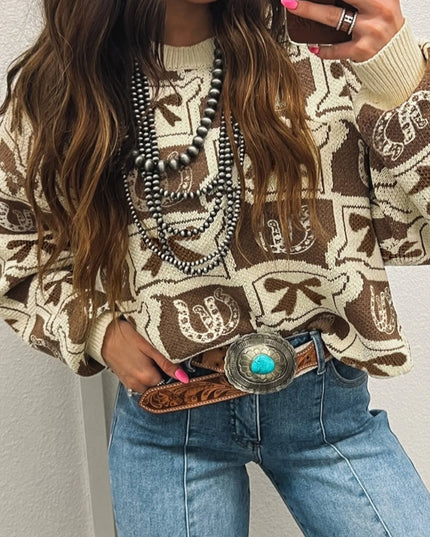 Graphic Round Neck Long Sleeve Sweater