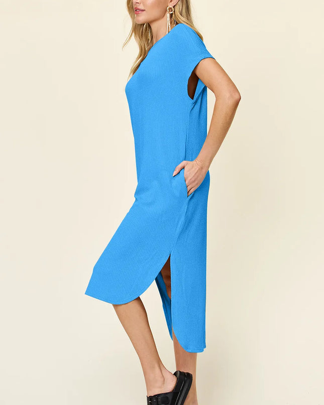 Double Take Full Size Round Neck Short Sleeve Slit Dress