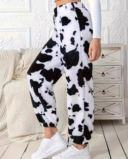 Fuzzy Cow Print Elastic Waist Pants