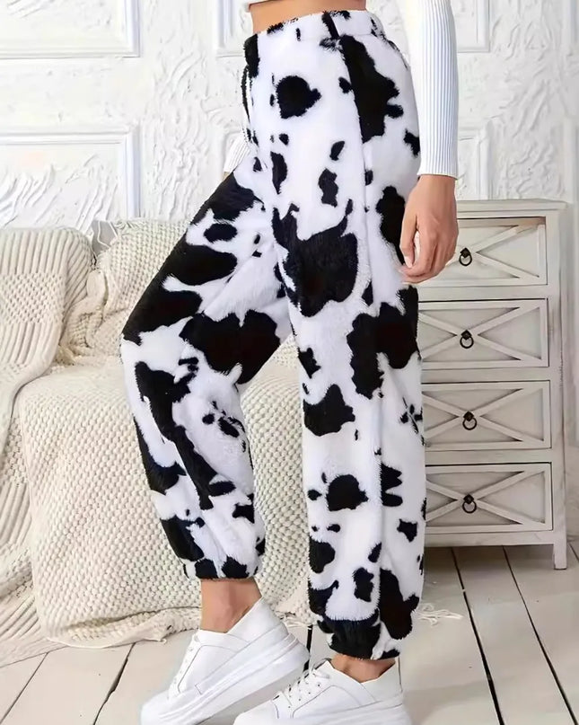 Fuzzy Cow Print Elastic Waist Pants