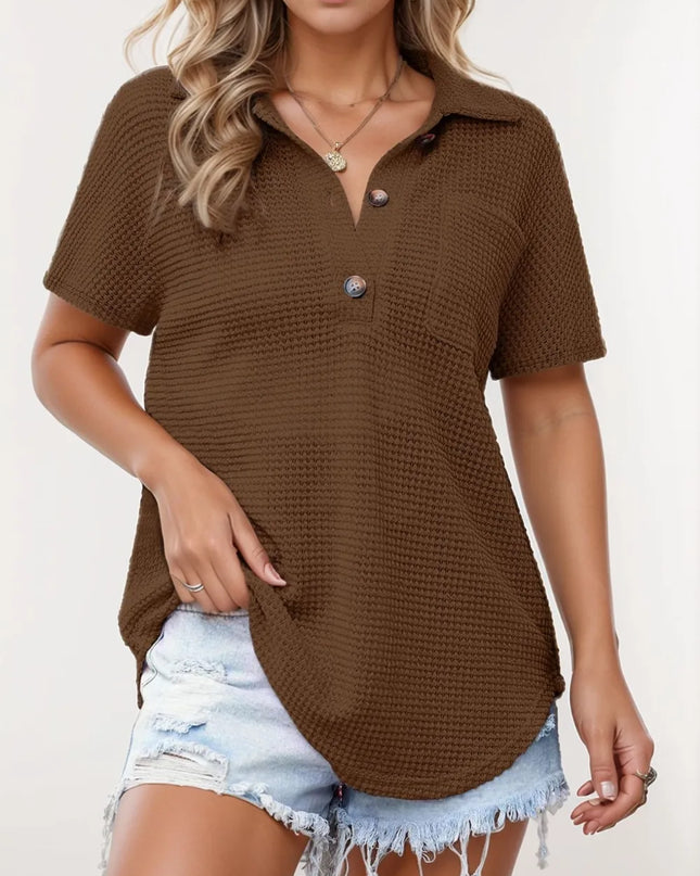 Waffle-Knit Short Sleeve Polo Shirt Brown