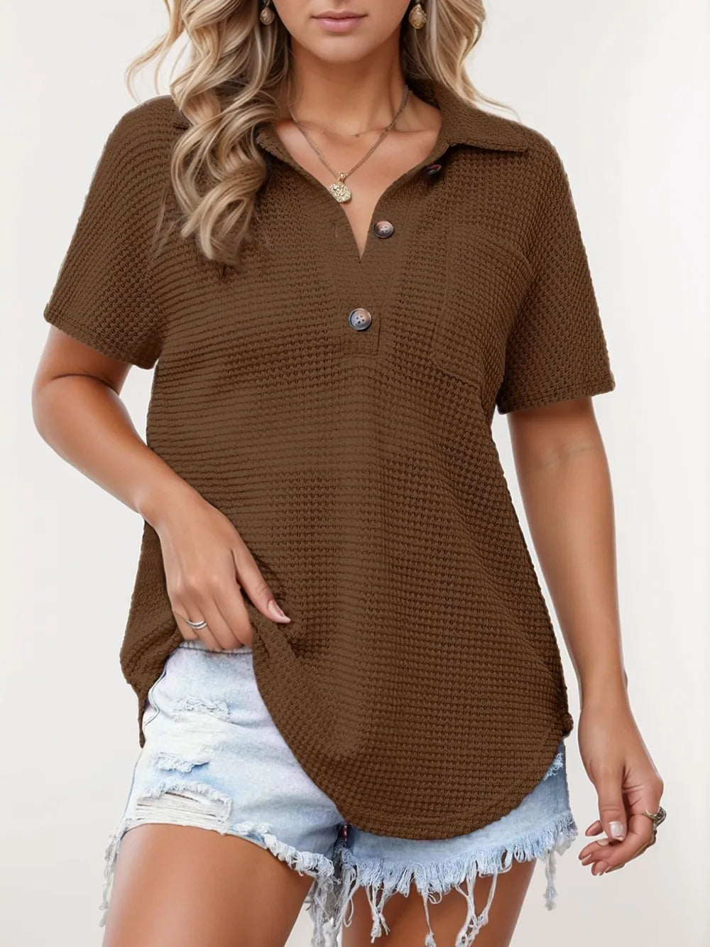 Waffle-Knit Short Sleeve Polo Shirt Brown