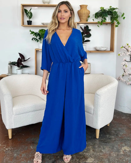 Double Take Full Size Surplice Wide Leg Jumpsuit with Pockets