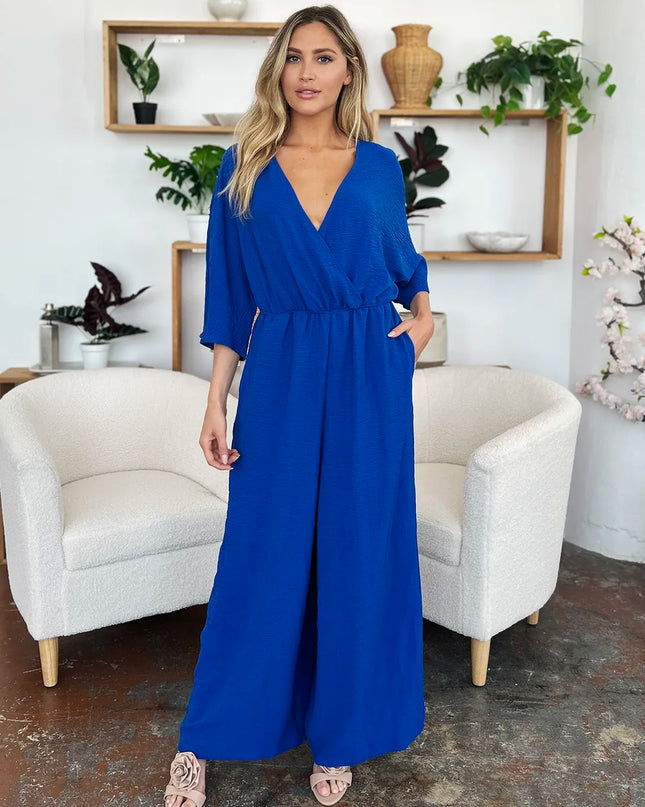 Double Take Full Size Surplice Wide Leg Jumpsuit with Pockets