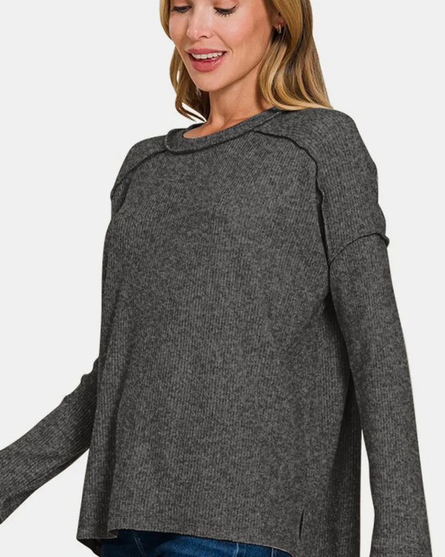 Zenana Full Size Exposed Seam Brushed Round Neck Sweater