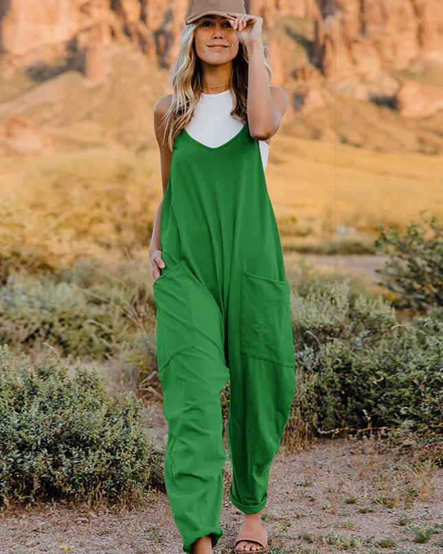 Double Take Full Size Sleeveless V-Neck Pocketed Jumpsuit Green