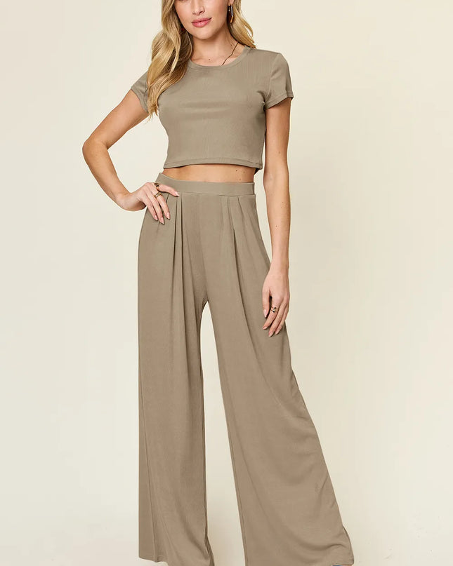 Double Take Full Size Round Neck Top and Pants Set Mocha