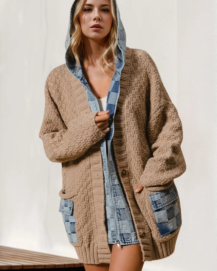 Double Take Full Size Hooded Denim Spliced Sweater Cardigan Camel