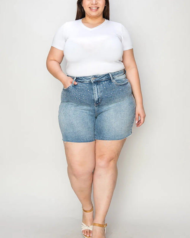 Judy Blue Full Size High Waist Rhinestone Decor Denim Shorts