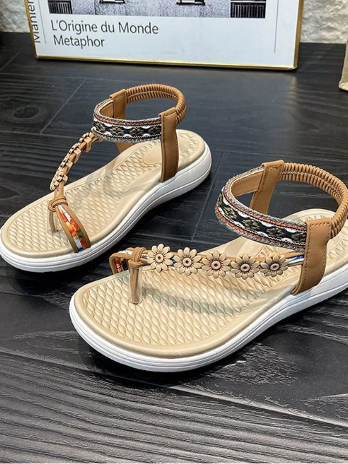 Flower Ankle Strap Sandals Brown